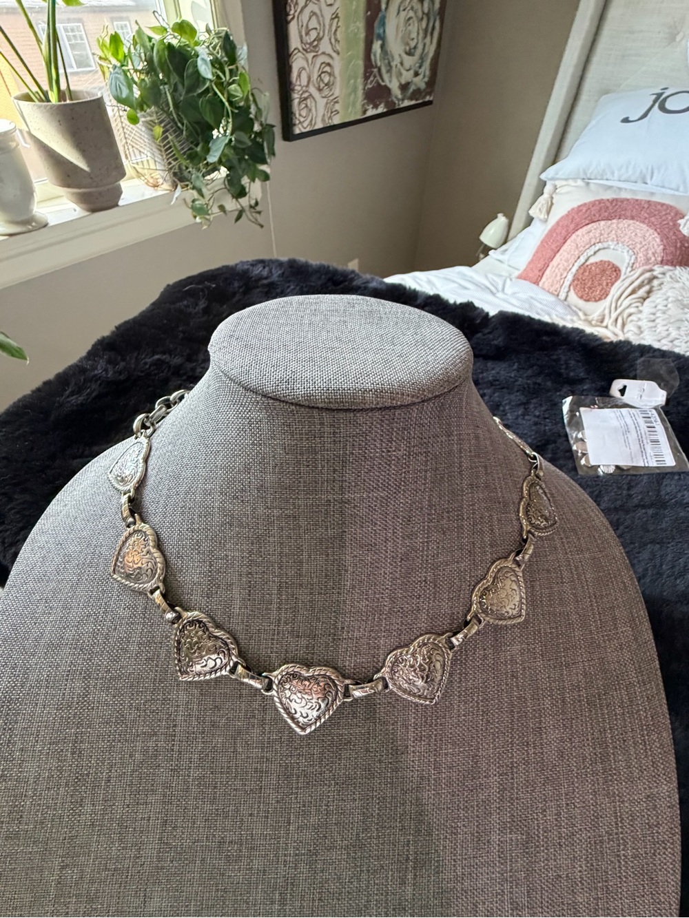 Silver Heart Link Necklace with Textured Embossed Hearts